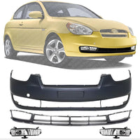 Front Bumper Plastic + Lower Grille Primed + Fog Lights Left Driver & Right Passenger Side Direct Replacement Compatible with 2007-2011 Hyundai Accent