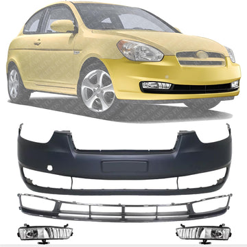 Front Bumper Plastic + Lower Grille Primed + Fog Lights Left Driver & Right Passenger Side Direct Replacement Compatible with 2007-2011 Hyundai Accent