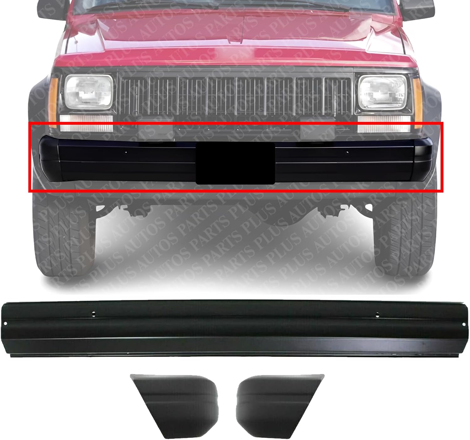 Front Bumper Face Bar Primed Steel + End Caps Textured Right & Left Side Direct Replacement Compatible With Jeep Wagoneer 1984-1990 / Cherokee 1984-1996 / Comanche 1986-1992 CH1004107