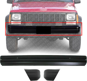 Front Bumper Face Bar Primed Steel + End Caps Textured Right & Left Side Direct Replacement Compatible With Jeep Wagoneer 1984-1990 / Cherokee 1984-1996 / Comanche 1986-1992 CH1004107