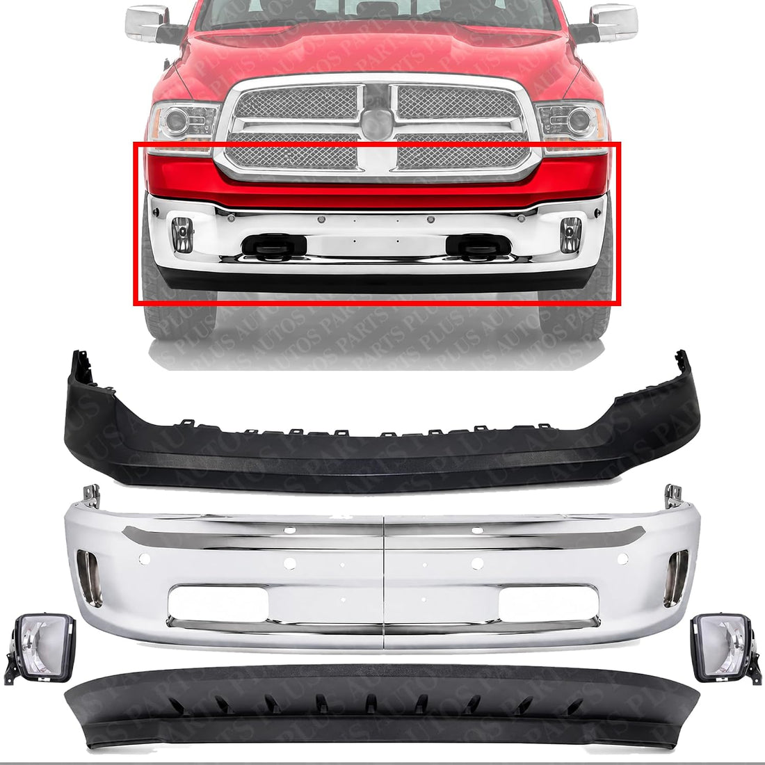 Front Bumper Chrome Steel + Upper Cover Primed + Lower Valance Air Dam Textured + Fog Lamps Left Driver & Right Passenger Side Direct Replacement Compatible With 2014-2022 Ram 1500