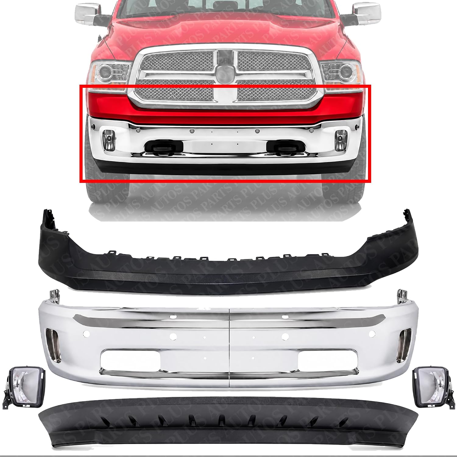 Front Bumper Chrome Steel + Upper Cover Primed + Lower Valance Air Dam Textured + Fog Lamps Left Driver & Right Passenger Side Direct Replacement Compatible With 2014-2022 Ram 1500