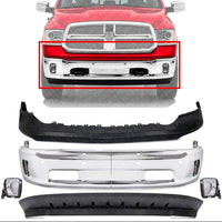 Front Bumper Chrome Steel + Upper Cover Primed + Lower Valance Air Dam Textured + Fog Lamps Left Driver & Right Passenger Side Direct Replacement Compatible With 2014-2022 Ram 1500