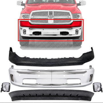 Front Bumper Chrome Steel + Upper Cover Primed + Lower Valance Air Dam Textured + Fog Lamps Left Driver & Right Passenger Side Direct Replacement Compatible With 2014-2022 Ram 1500