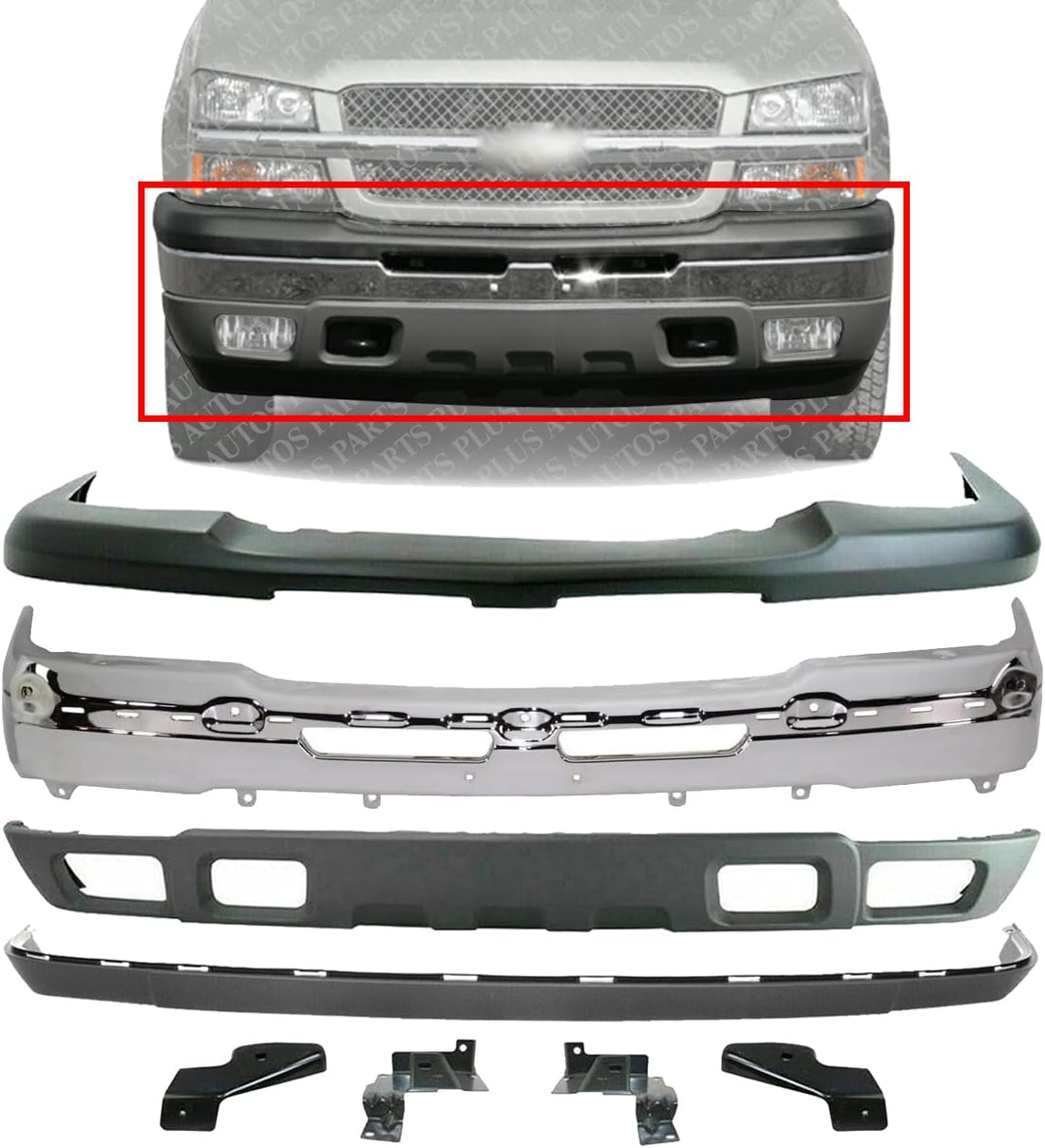 Front Bumper Chrome Steel + Upper Cover + Lower Valance + Extension Textured + Set of 4 Bracket Direct Replacement Compatible With 2003-2006 Chevrolet Silverado 1500
