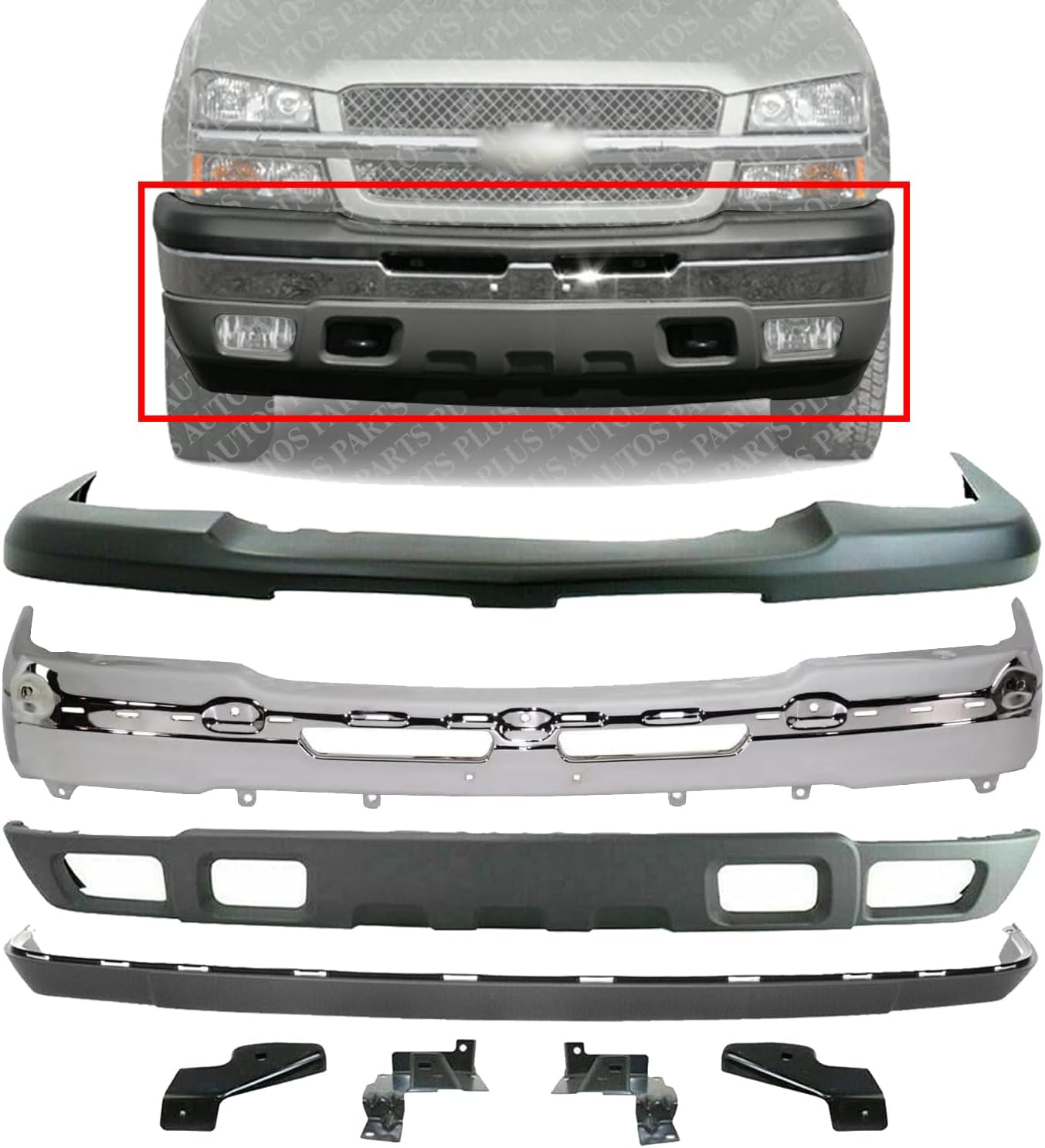 Front Bumper Chrome Steel + Upper Cover + Lower Valance + Extension Textured + Set of 4 Bracket Direct Replacement Compatible With 2003-2006 Chevrolet Silverado 1500