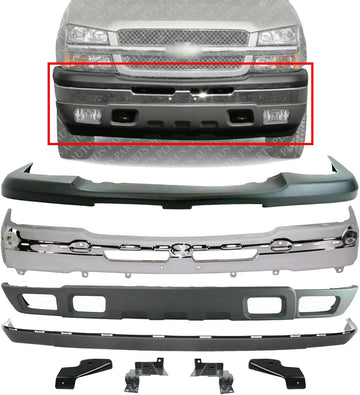Front Bumper Chrome Steel + Upper Cover + Lower Valance + Extension Textured + Set of 4 Bracket Direct Replacement Compatible With 2003-2006 Chevrolet Silverado 1500