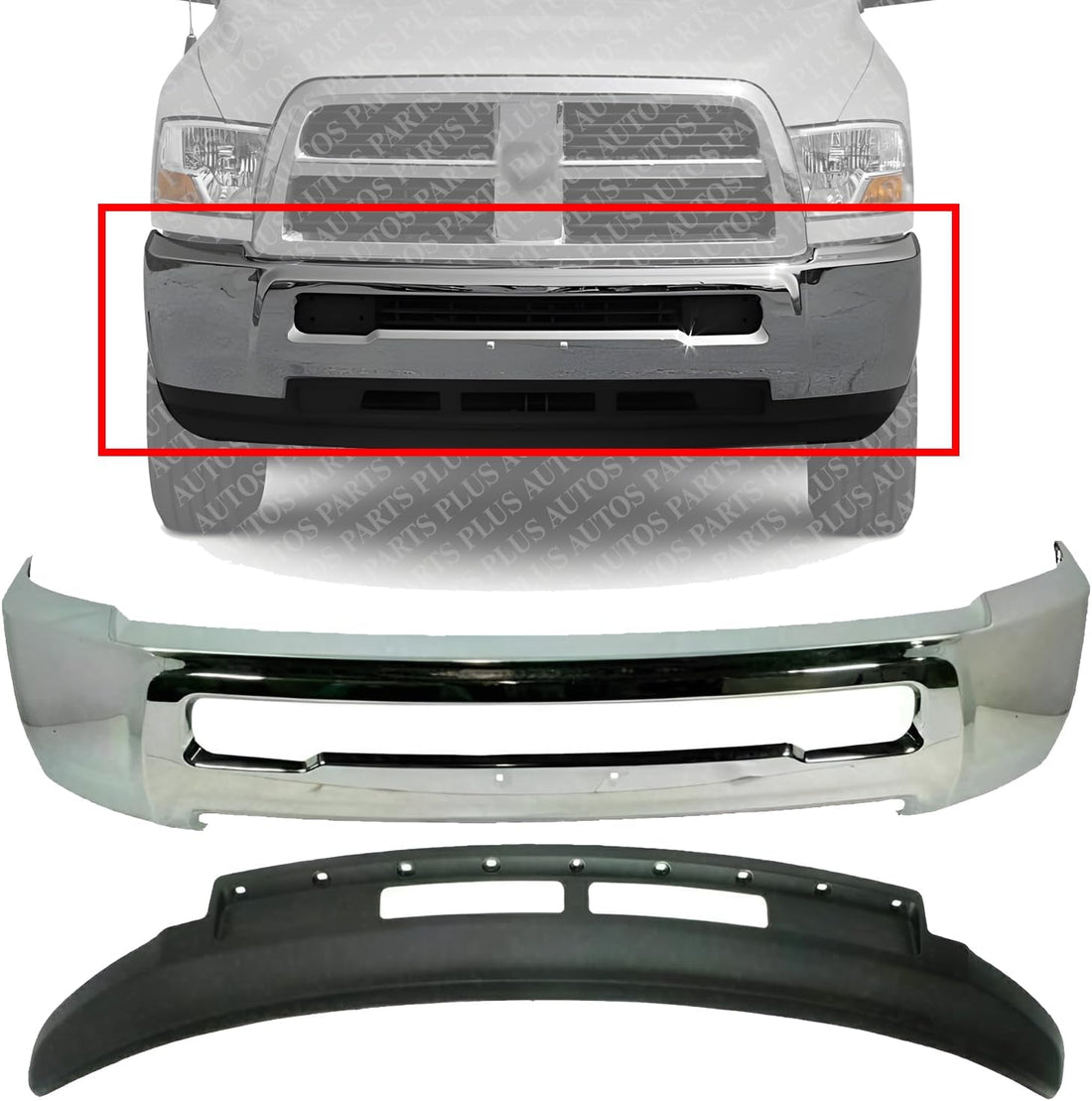 AUTOS PARTS PLUS Front Bumper Chrome Without Fog Light Holes + Lower Valance Air Dam Textured Direct Replacement Compatible With 2013-2018 Ram 2500 3500 CH1002391 CH1090149 68045699AB 68196533AA