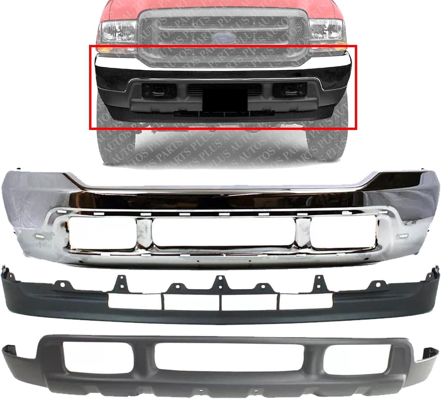 Front Bumper Chrome + Upper & Lower Valance Textured Direct Replacement Compatible With 2001-2004 Ford F -Series Super Duty FO1002375 FO1095176 FO1095203 3C3Z17626AAA 3C3Z17757BA