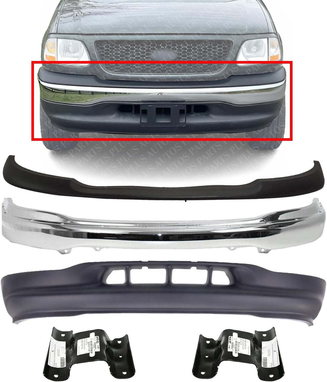 Front Bumper Chrome + Upper Cover + Lower Valance Primed + Brackets Left & Right Side Direct Replacement Compatible With Ford F-150 1999-2002 FO1095194 FO1066138 FO1067138 FO1057282