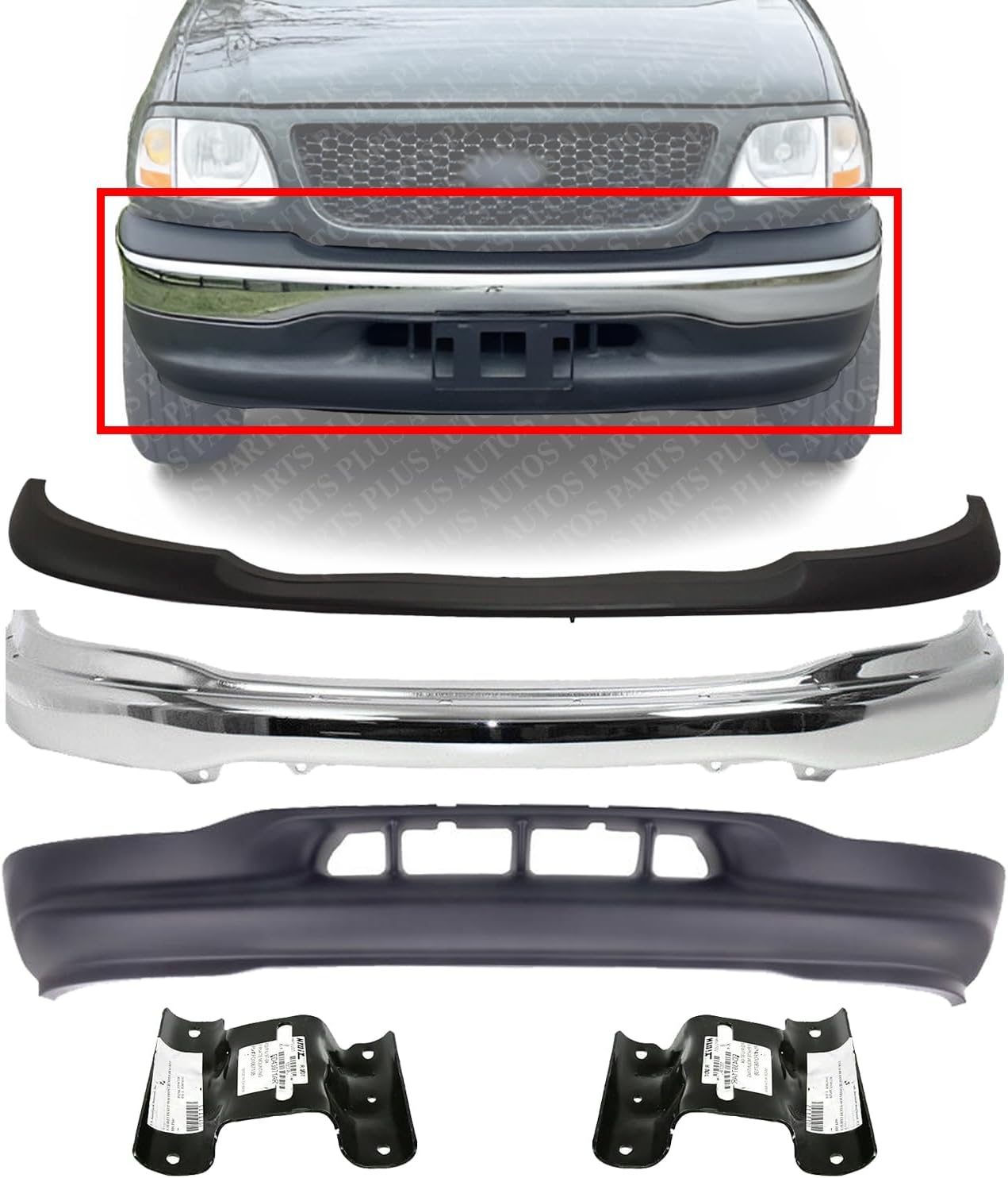 Front Bumper Chrome + Upper Cover + Lower Valance Primed + Brackets Left & Right Side Direct Replacement Compatible With Ford F-150 1999-2002 FO1095194 FO1066138 FO1067138 FO1057282