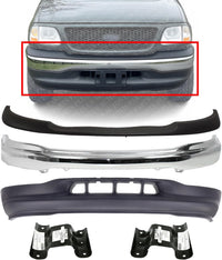 Front Bumper Chrome + Upper Cover + Lower Valance Primed + Brackets Left & Right Side Direct Replacement Compatible With Ford F-150 1999-2002 FO1095194 FO1066138 FO1067138 FO1057282