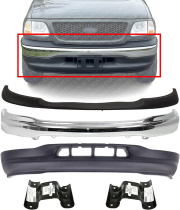 Front Bumper Chrome + Upper Cover + Lower Valance Primed + Brackets Left & Right Side Direct Replacement Compatible With Ford F-150 1999-2002 FO1095194 FO1066138 FO1067138 FO1057282