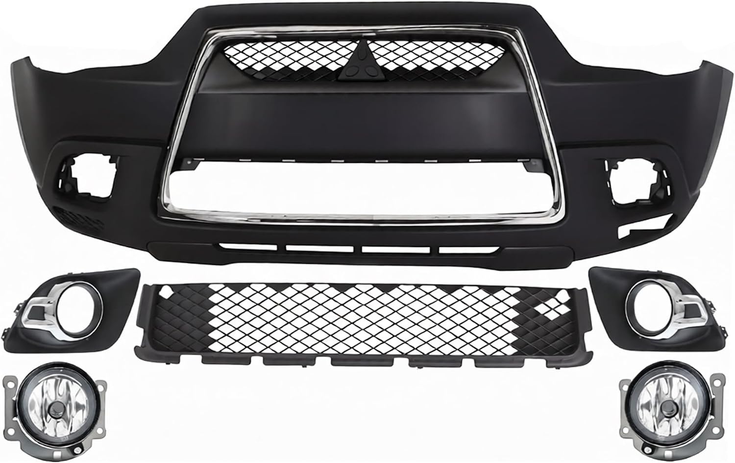 Front Bumper Cover Primed Plastic + Upper & Lower Grille + Chrome Molding + Fog Light + Trim Left & Right Side Direct Replacement Compatible With 2011-2012 Mitsubishi Outlander/RVR
