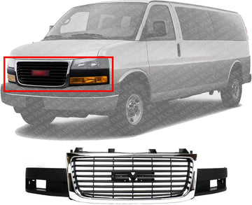 Front Grille Chrome Shell/Painted Black Insert Direct Replacement Compatible With 2003-2023 GMC Savana 1500 2500 3500 GM1200532 84689071