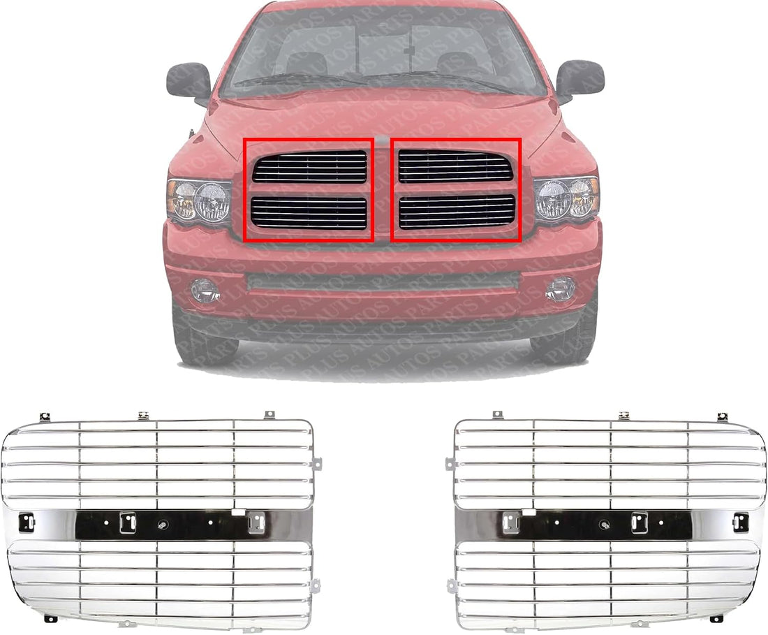 Front Grille Insert Horizontal Bar Chrome Right Passenger & Left Driver Side Direct Replacement Compatible With 2002-2005 Dodge Ram 1500 2500 3500 CH1201104 CH1201103 5073296AA