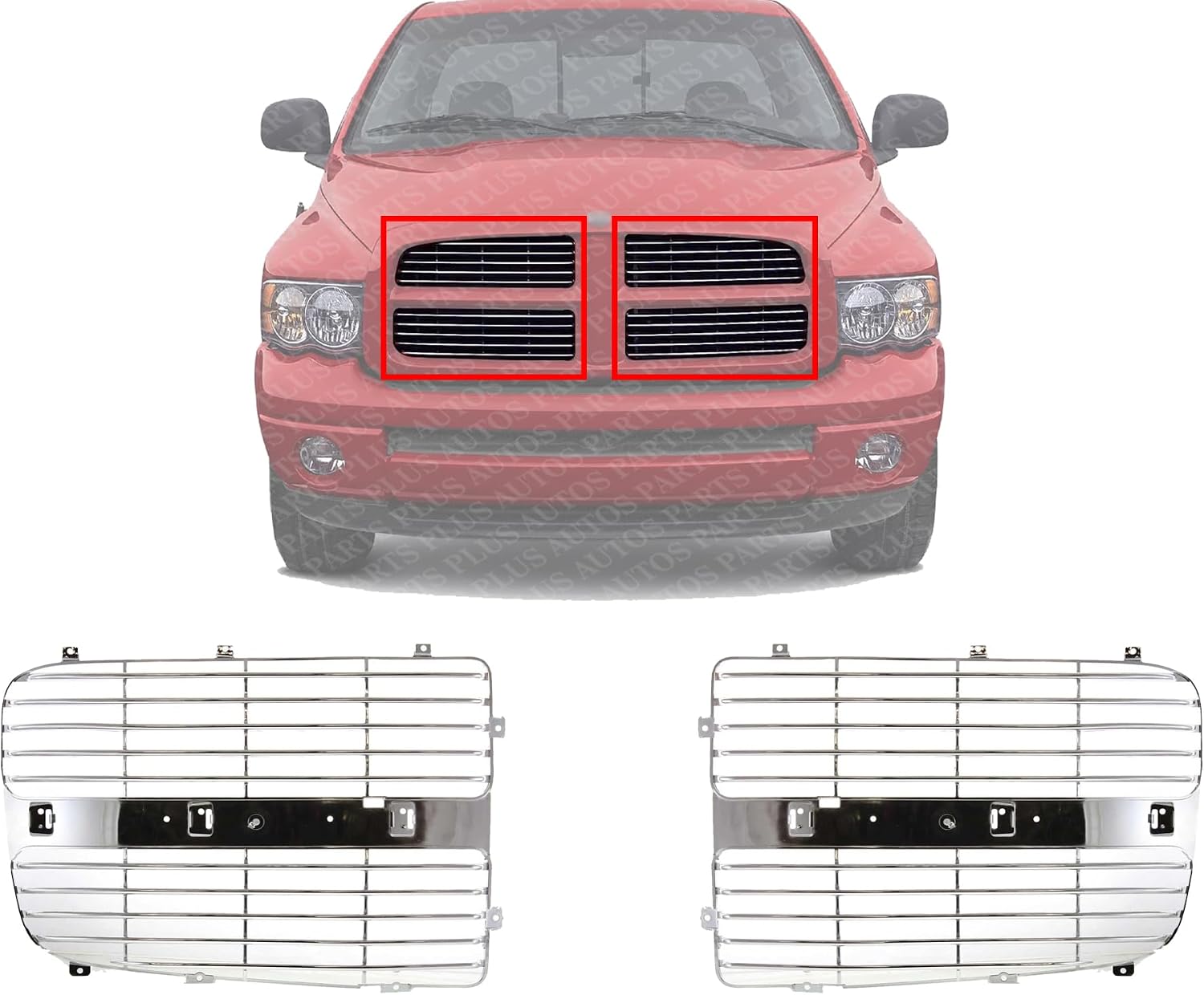 Front Grille Insert Horizontal Bar Chrome Right Passenger & Left Driver Side Direct Replacement Compatible With 2002-2005 Dodge Ram 1500 2500 3500 CH1201104 CH1201103 5073296AA