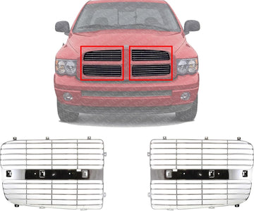 Front Grille Insert Horizontal Bar Chrome Right Passenger & Left Driver Side Direct Replacement Compatible With 2002-2005 Dodge Ram 1500 2500 3500 CH1201104 CH1201103 5073296AA