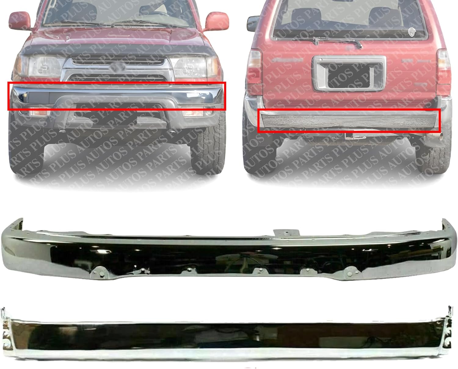 AUTOS PARTS PLUS Front & Rear Bumper Chrome Steel Direct Replacement Compatible With 1999-2002 Toyota 4Runner TO1002168 TO1102228 5210135660 5210535360