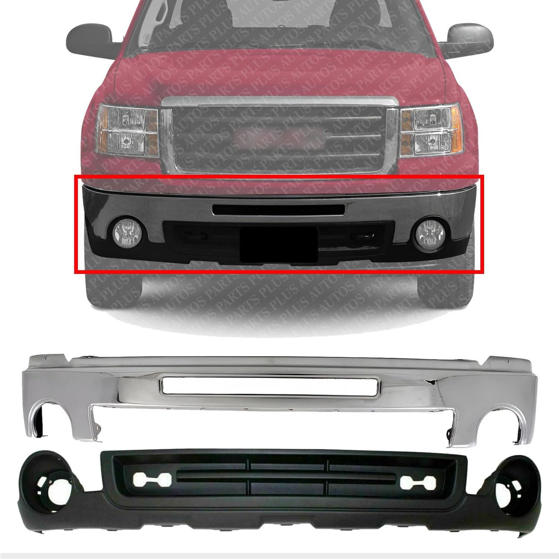AUTOS PARTS PLUS Front Bumper Face Bar Chrome Steel With Air Hole + Lower Valance Textured With Fog Light Holes Direct Replacement Compatible With GMC Sierra 1500 2007-2013 GM1002834 GM1015100