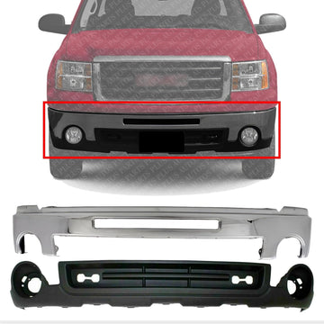 AUTOS PARTS PLUS Front Bumper Face Bar Chrome Steel With Air Hole + Lower Valance Textured With Fog Light Holes Direct Replacement Compatible With GMC Sierra 1500 2007-2013 GM1002834 GM1015100