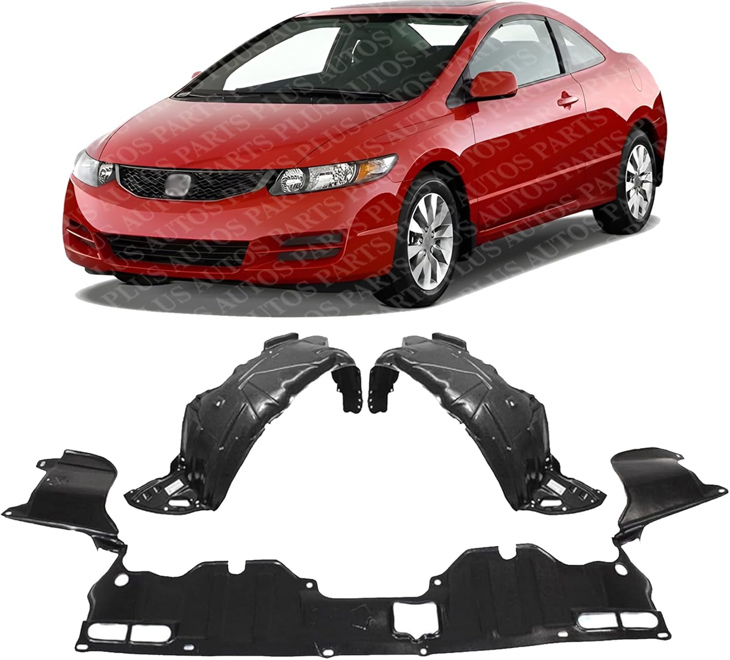 AUTOS PARTS PLUS Front Engine Splash Shield Under Cover + Fender Liners Left Driver & Right Passenger Side Direct Replacement Compatible With 2006-2011 Honda Civic HO1228112 HO1248130 HO1249130
