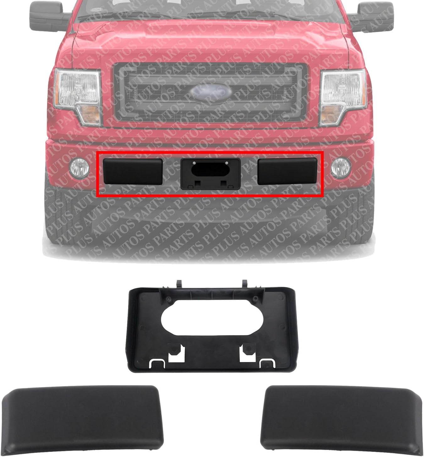 Front License Plate Bracket + Bumper Molding Textured Left Driver & Right Passenger Side Direct Replacement Compatible with 2009-2014 Ford F-150 FO1053100 FO1068134 9L3Z17A385A