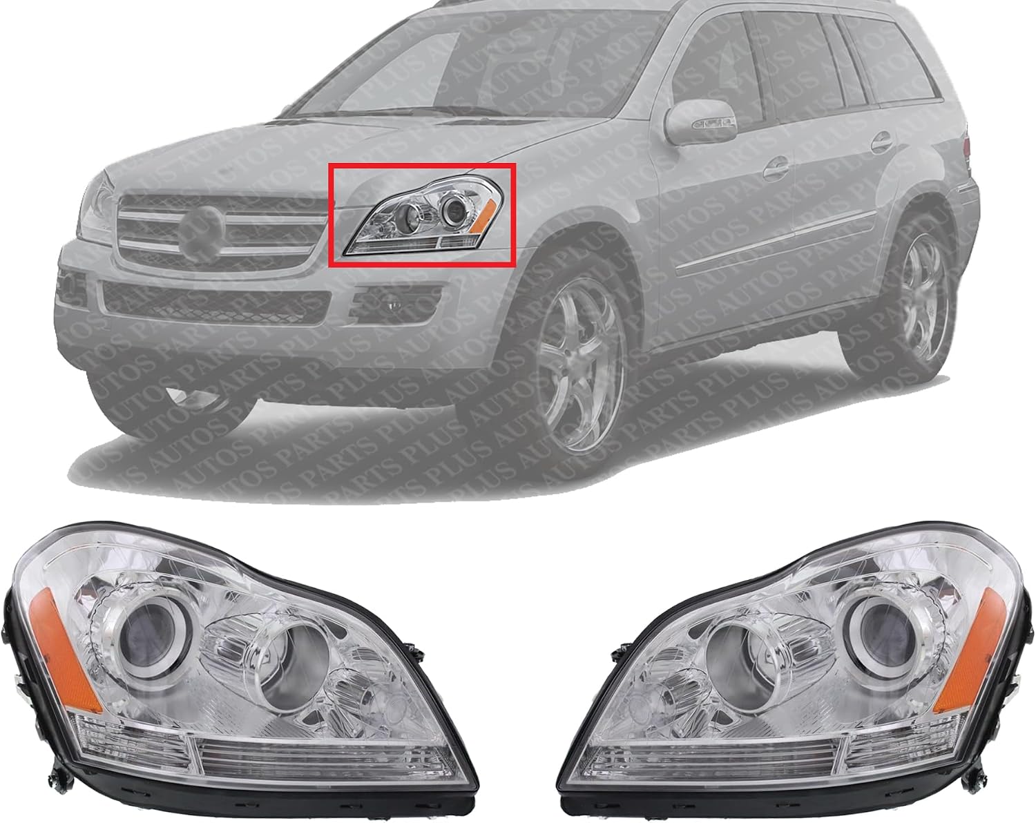 Set Of 2 Front Head Light Assembly Halogen Right Passenger And Left Driver Side Direct Replacement Compatible With 2007-2012 Mercedes Benz GL-Class MB2503202 MB2502202 1648204859