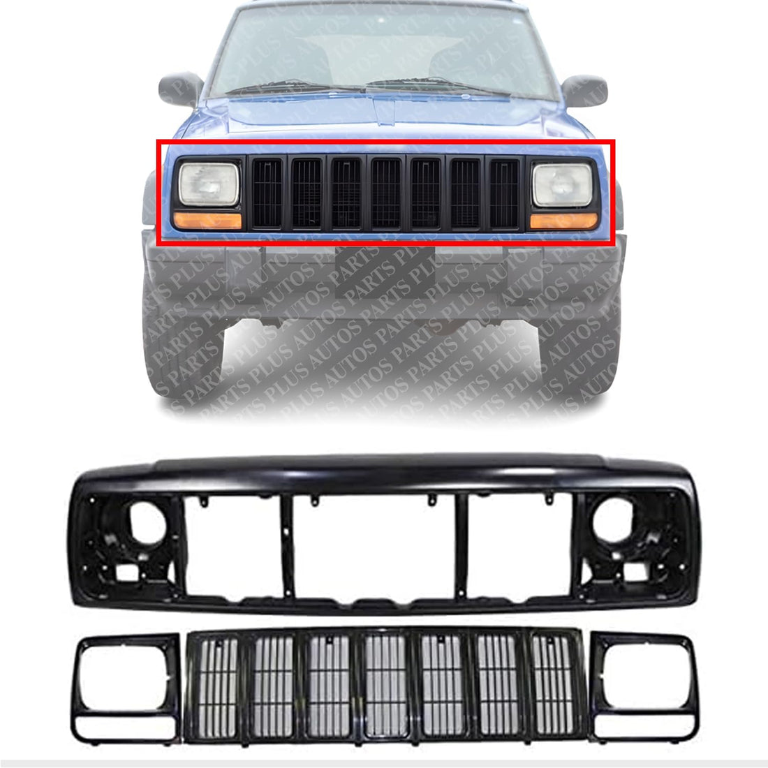AUTOS PARTS PLUS Front Header Panel Thermoplastic + Grille + Headlight Door Bezel Direct Replacement Compatible With 1997-2001 Jeep Cherokee CH1220115 CH1200208 CH2513157 CH2512157 55055233AF
