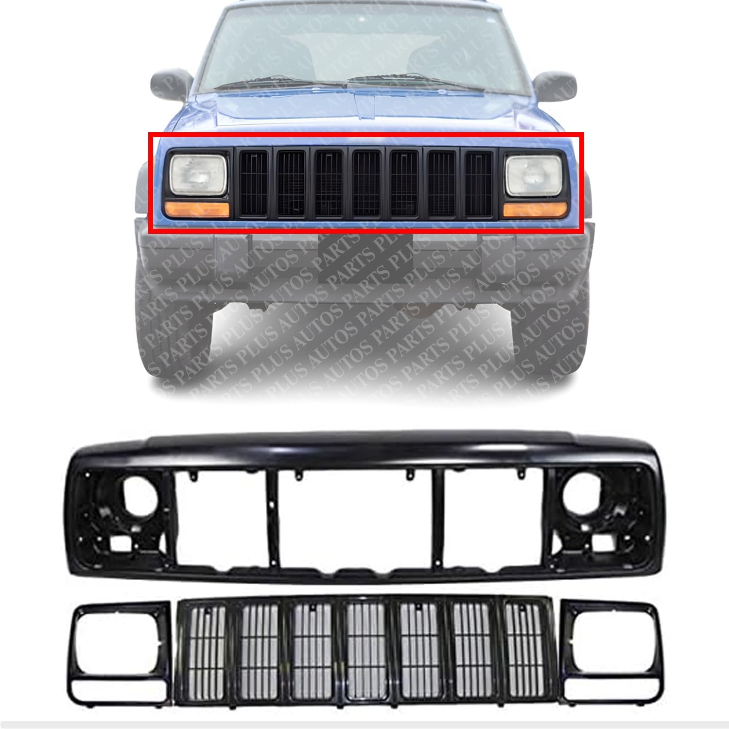 AUTOS PARTS PLUS Front Header Panel Thermoplastic + Grille + Headlight Door Bezel Direct Replacement Compatible With 1997-2001 Jeep Cherokee CH1220115 CH1200208 CH2513157 CH2512157 55055233AF