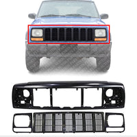 AUTOS PARTS PLUS Front Header Panel Thermoplastic + Grille + Headlight Door Bezel Direct Replacement Compatible With 1997-2001 Jeep Cherokee CH1220115 CH1200208 CH2513157 CH2512157 55055233AF