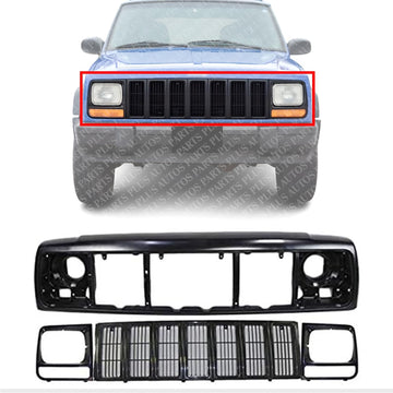 AUTOS PARTS PLUS Front Header Panel Thermoplastic + Grille + Headlight Door Bezel Direct Replacement Compatible With 1997-2001 Jeep Cherokee CH1220115 CH1200208 CH2513157 CH2512157 55055233AF