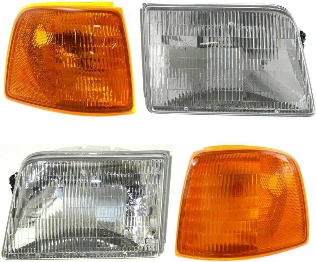 Front Head Lights Assembly + Corner Lamps Left Driver & Right Passenger Side Direct Replacement Compatible With 1993-1997 Ford Ranger FO2502119 FO2503115 FO2521116