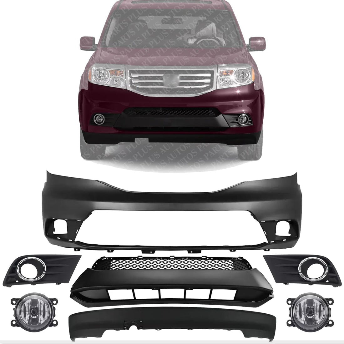 Front Bumper Primed + Lower & Upper Grille Textured Black Shell and Insert with Moldings + Lower Valance Direct Replacement Compatible with 2012-2015 Honda Pilot