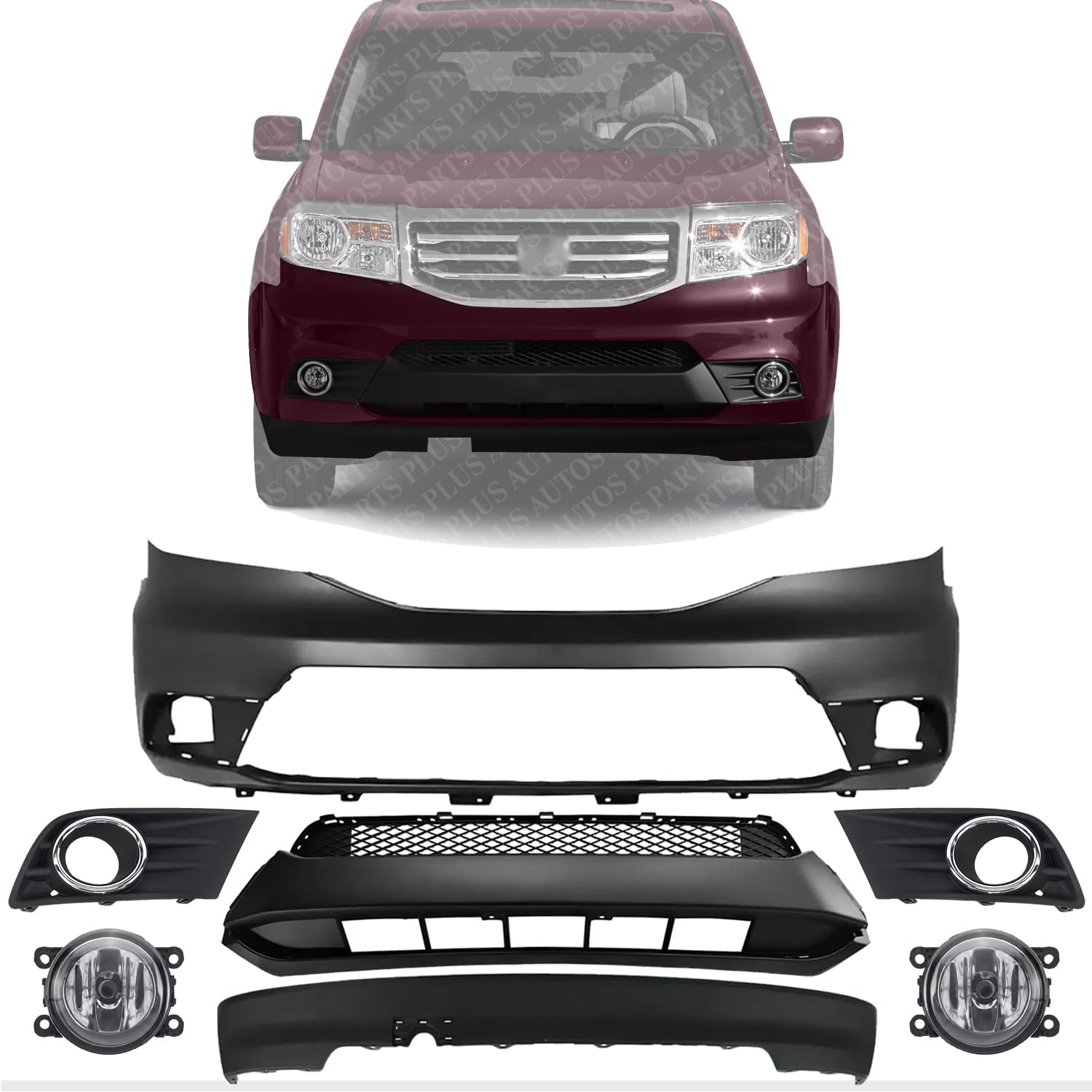 Front Bumper Primed + Lower & Upper Grille Textured Black Shell and Insert with Moldings + Lower Valance Direct Replacement Compatible with 2012-2015 Honda Pilot