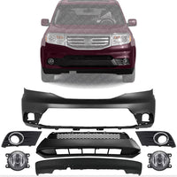 Front Bumper Primed + Lower & Upper Grille Textured Black Shell and Insert with Moldings + Lower Valance Direct Replacement Compatible with 2012-2015 Honda Pilot