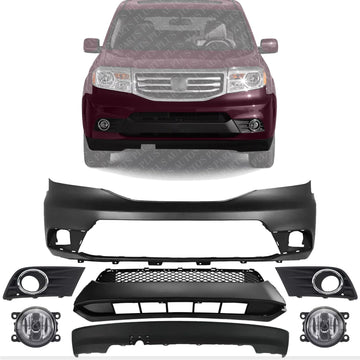 Front Bumper Primed + Lower & Upper Grille Textured Black Shell and Insert with Moldings + Lower Valance Direct Replacement Compatible with 2012-2015 Honda Pilot
