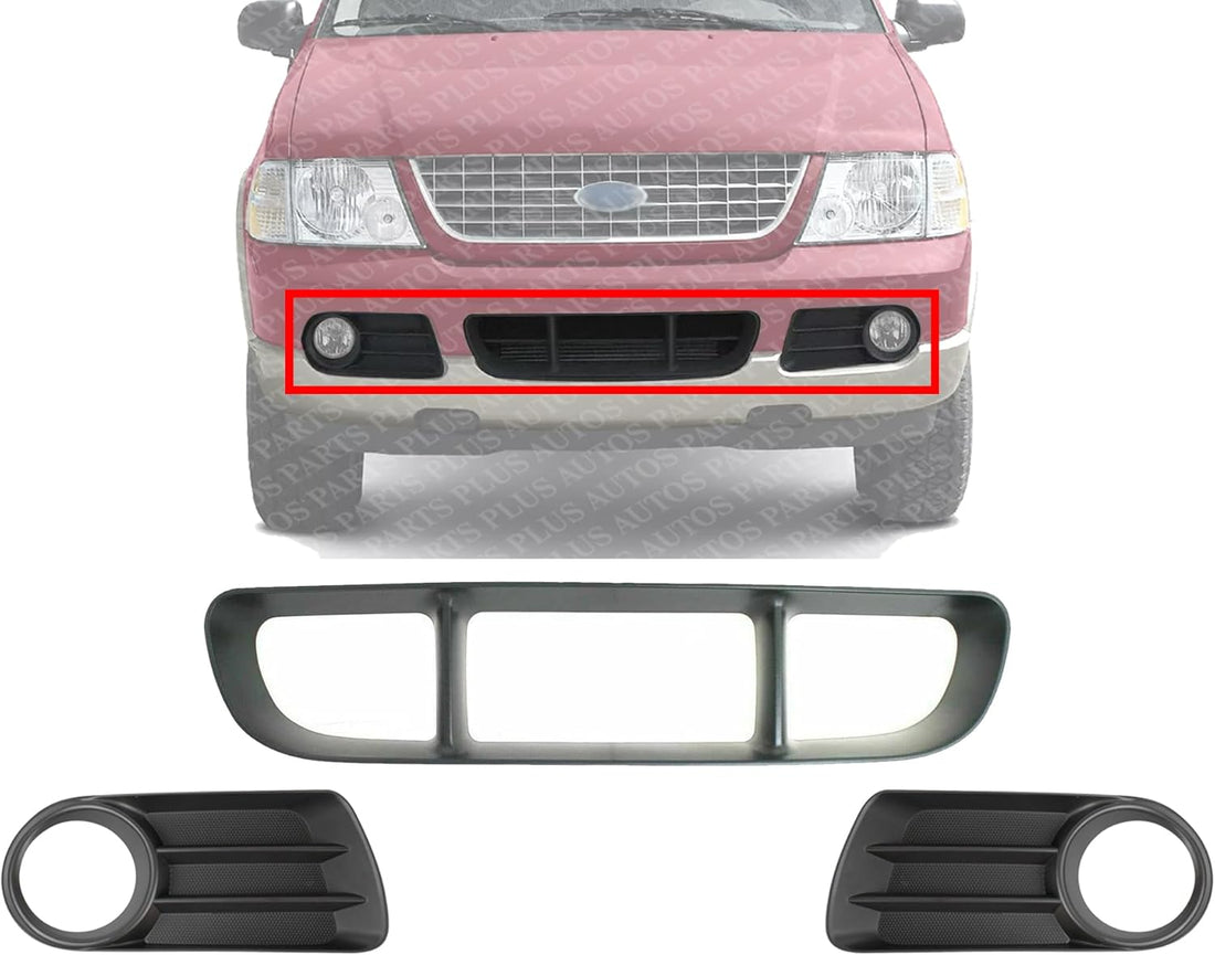 Front Bumper Center Grille + Fog Light Molding Primed With Fog Light Holes Right Passenger & Left Driver Side Direct Replacement Compatible With 2002-2005 Ford Explorer FO1036107