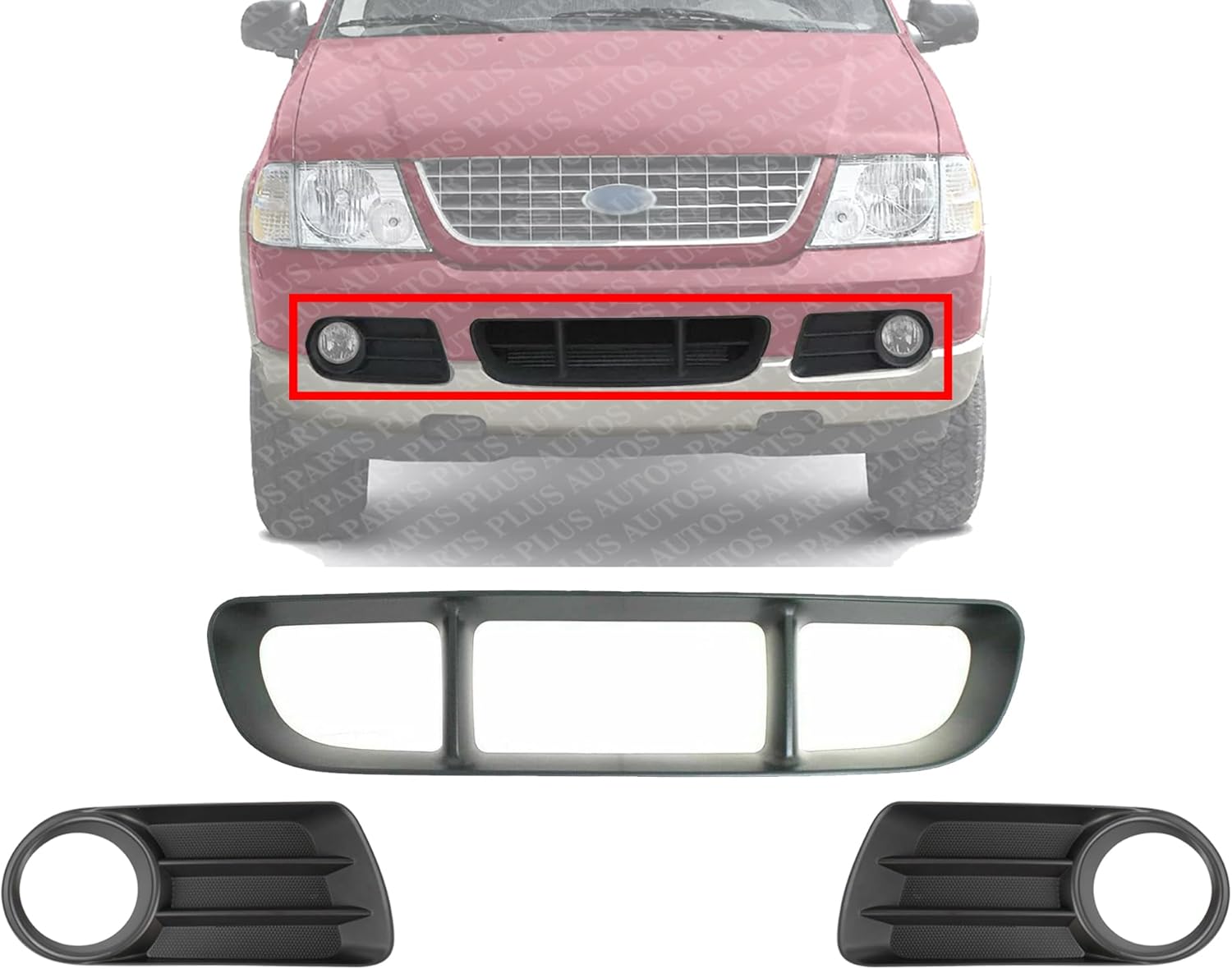 Front Bumper Center Grille + Fog Light Molding Primed With Fog Light Holes Right Passenger & Left Driver Side Direct Replacement Compatible With 2002-2005 Ford Explorer FO1036107