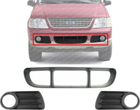 Front Bumper Center Grille + Fog Light Molding Primed With Fog Light Holes Right Passenger & Left Driver Side Direct Replacement Compatible With 2002-2005 Ford Explorer FO1036107