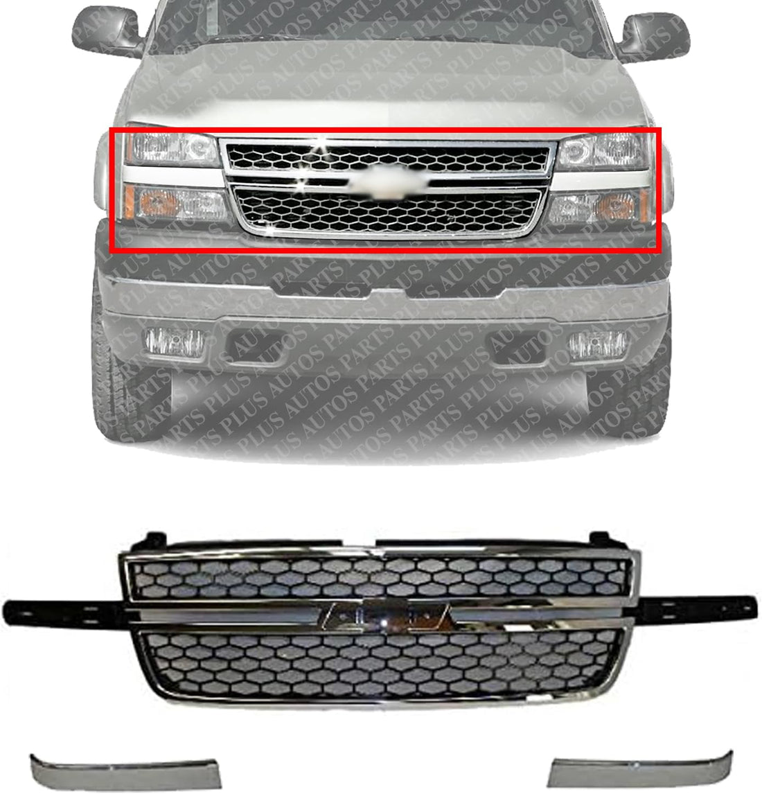 Front Grille Assembly Chrome + Molding Right Passenger and Left Driver Side Direct Replacement Compatible With 2003-2006 Chevrolet Silverado GM1200546 GM1212105 GM1213105 12335956