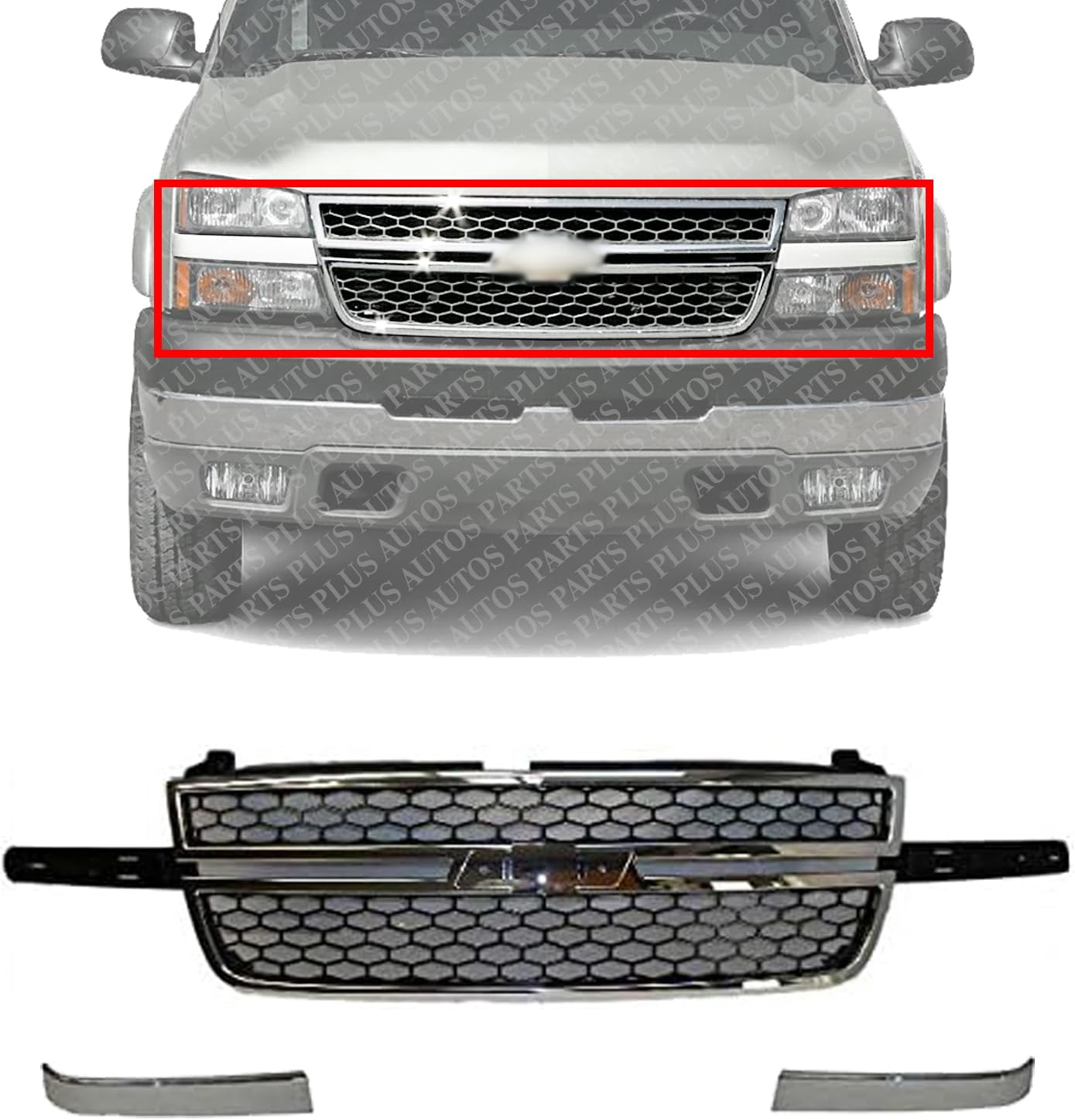 Front Grille Assembly Chrome + Molding Right Passenger and Left Driver Side Direct Replacement Compatible With 2003-2006 Chevrolet Silverado GM1200546 GM1212105 GM1213105 12335956