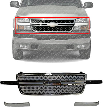Front Grille Assembly Chrome + Molding Right Passenger and Left Driver Side Direct Replacement Compatible With 2003-2006 Chevrolet Silverado GM1200546 GM1212105 GM1213105 12335956