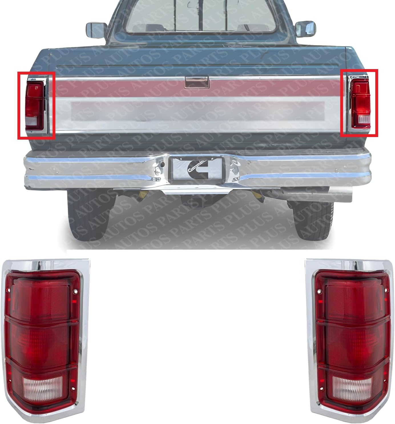 Set OF 2 Tail Light Lens And Housing With Chrome Trim Right Passenger & Left Driver Side Direct Replacement Compatible With 1988-1993 Dodge Full Size Pickup CH2808103 CH2809103