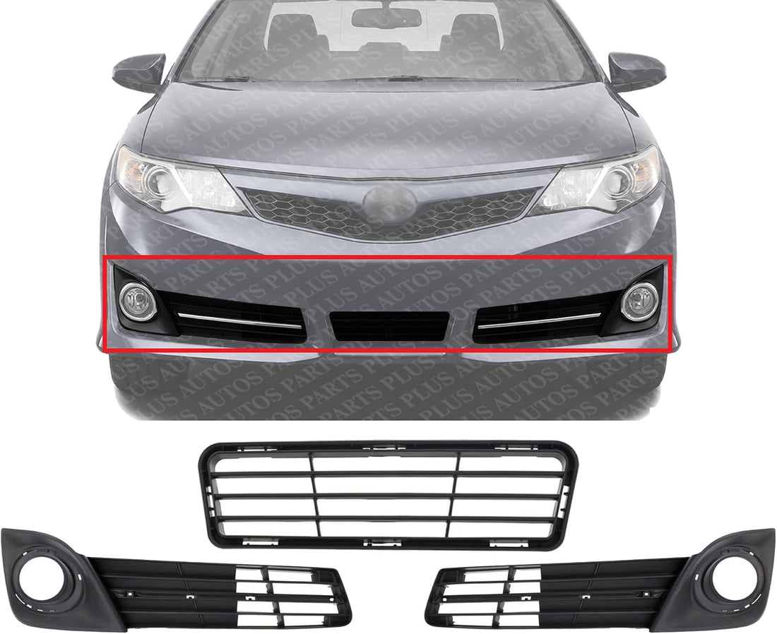 Front Bumper Lower Grille Textured + Fog Light Molding Bezels Textured Left Driver & Right Passenger Side Direct Replacement Compatible With 2012-2014 Toyota Camry TO1036129 TO1039149