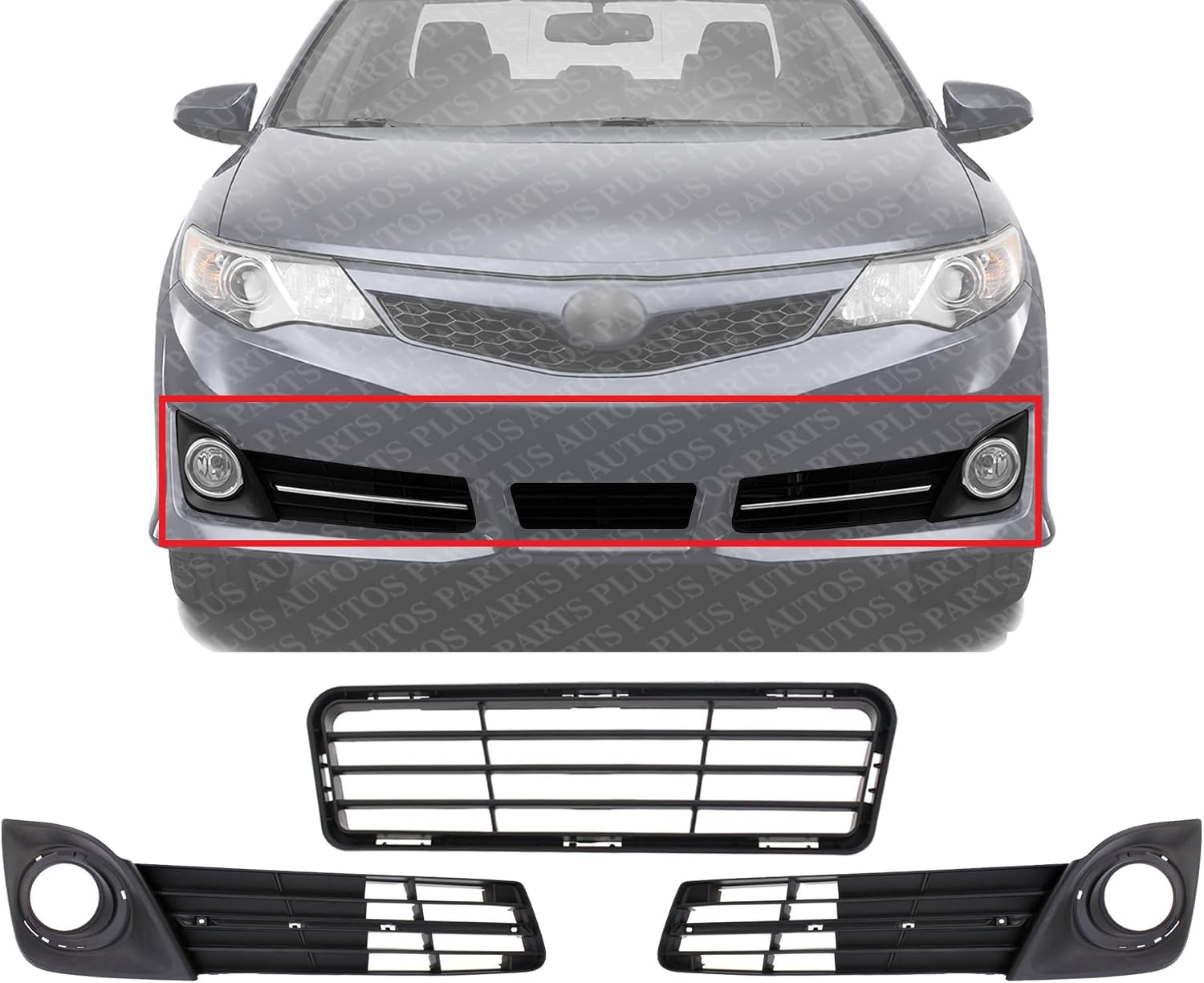 Front Bumper Lower Grille Textured + Fog Light Molding Bezels Textured Left Driver & Right Passenger Side Direct Replacement Compatible With 2012-2014 Toyota Camry TO1036129 TO1039149