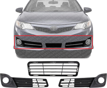 Front Bumper Lower Grille Textured + Fog Light Molding Bezels Textured Left Driver & Right Passenger Side Direct Replacement Compatible With 2012-2014 Toyota Camry TO1036129 TO1039149