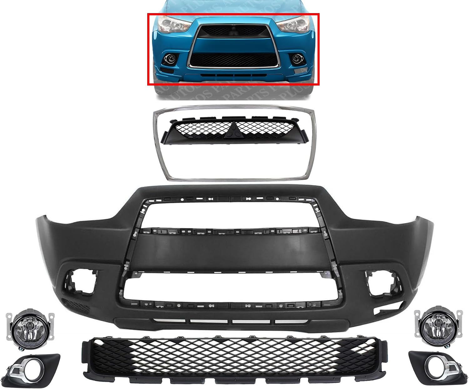 Front Bumper Cover Primed Plastic + Upper & Lower Grille + Chrome Molding + Fog Light + Trim Left & Right Side Direct Replacement Compatible With 2011-2012 Mitsubishi Outlander/RVR