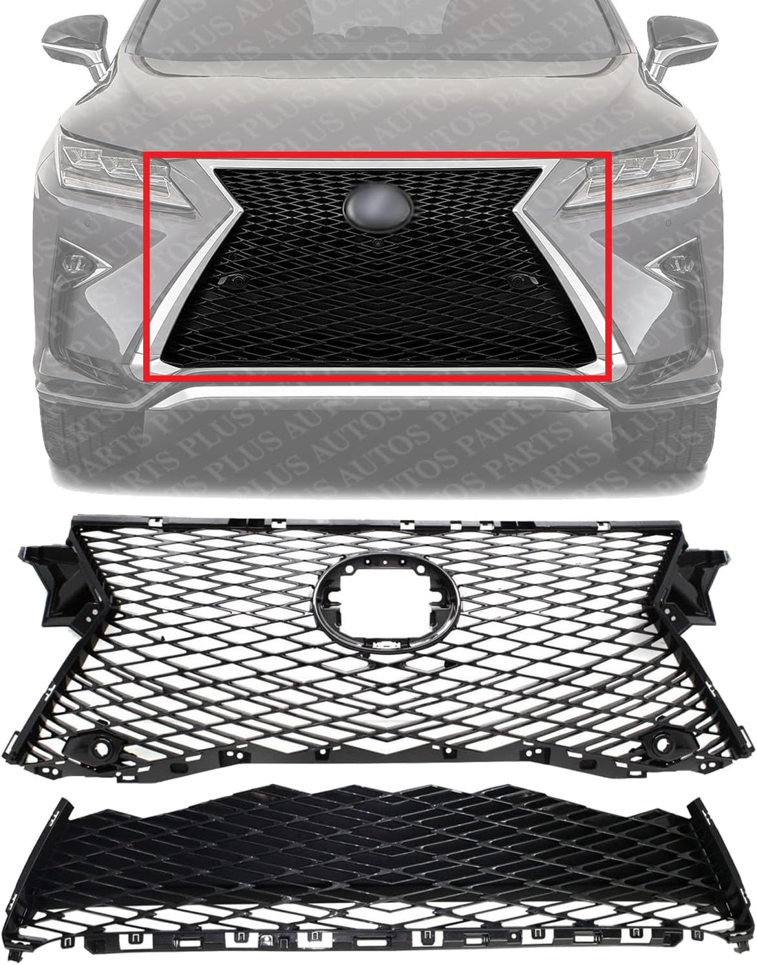 Front Upper & Lower Grille Shell And Insert Plastic Direct Replacement Compatible With 2016-2018 Lexus RX450h / 2016-2019 RX350 LX1200183 LX1200185 531110E210 531120E160