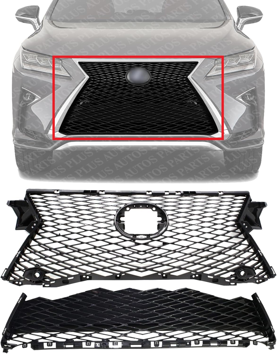 Front Upper & Lower Grille Shell And Insert Plastic Direct Replacement Compatible With 2016-2018 Lexus RX450h / 2016-2019 RX350 LX1200183 LX1200185 531110E210 531120E160